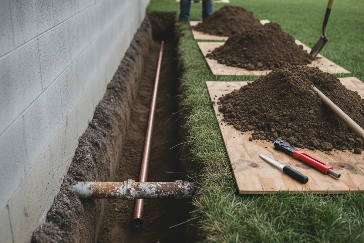 Excavated water line trench during Sewer Line Repair in Red Wing